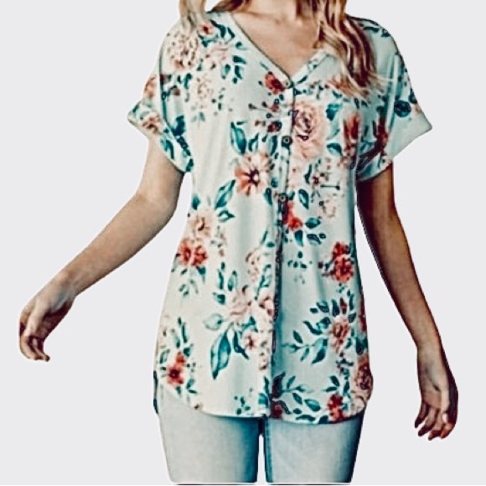 Heimish Mint and Coral Floral Top